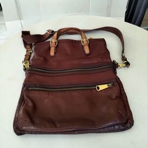Fossil Explorer Foldover Brown Leather Bag Satchel Convertible Messenger Roomy